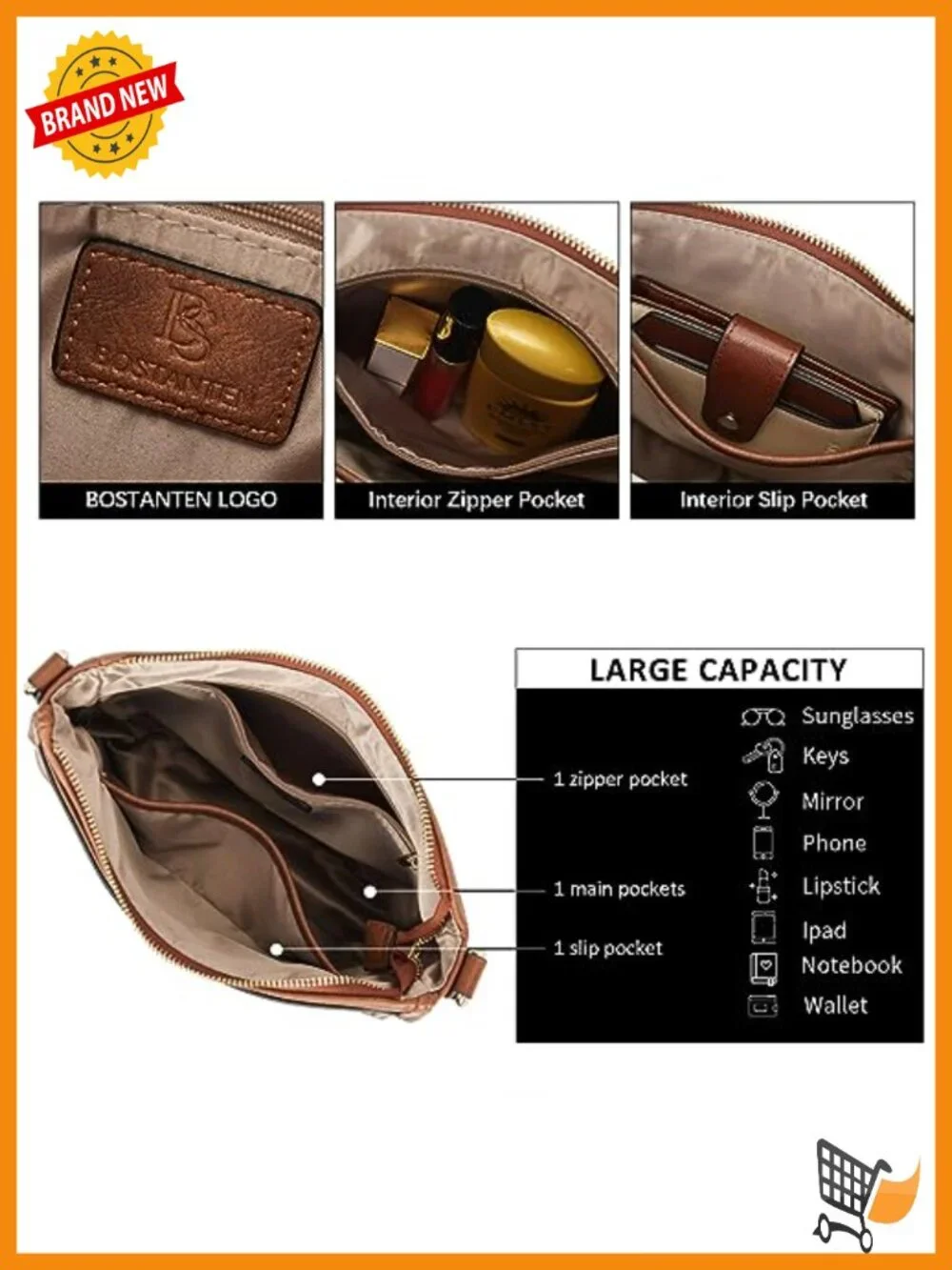 Vegan leather crossbody hobo purse, wide strap, 10.3